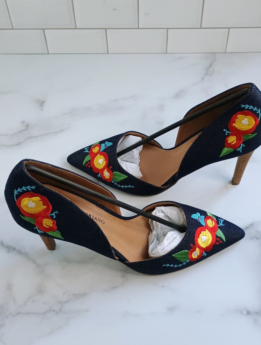 Christian Siriano Dark Denim Embroidered Pointed-Toe d'Orsay Pumps - Picture 8 of 14